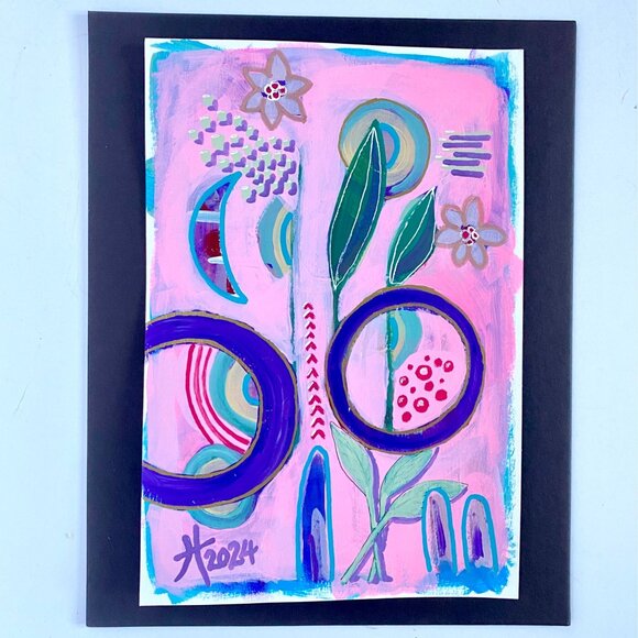 Purple Moon Original Art Acrylic Painting Mixed Media Matted Frame Ready 8x10in - Picture 2 of 7